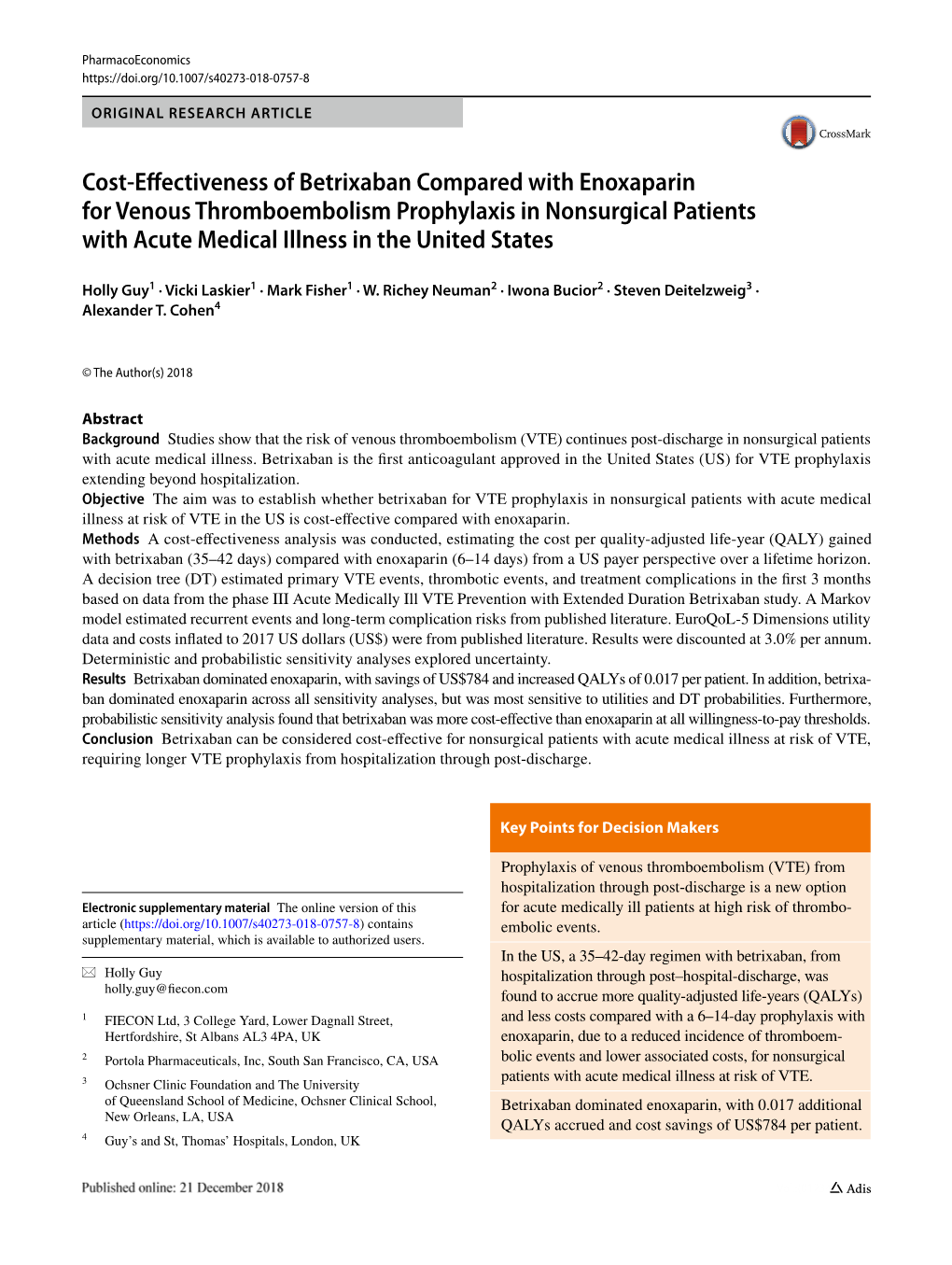 Cost-Effectiveness of Betrixaban Compared with Enoxaparin For