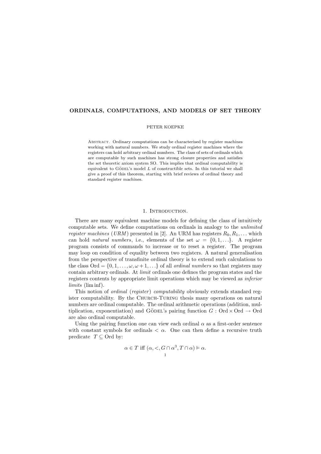 Ordinals, Computations, and Models of Set Theory 11