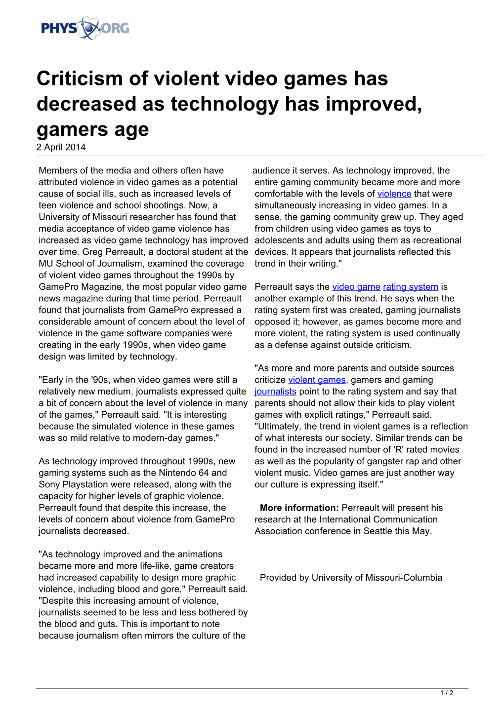 Criticism of Violent Video Games Has Decreased As Technology Has Improved, Gamers Age 2 April 2014