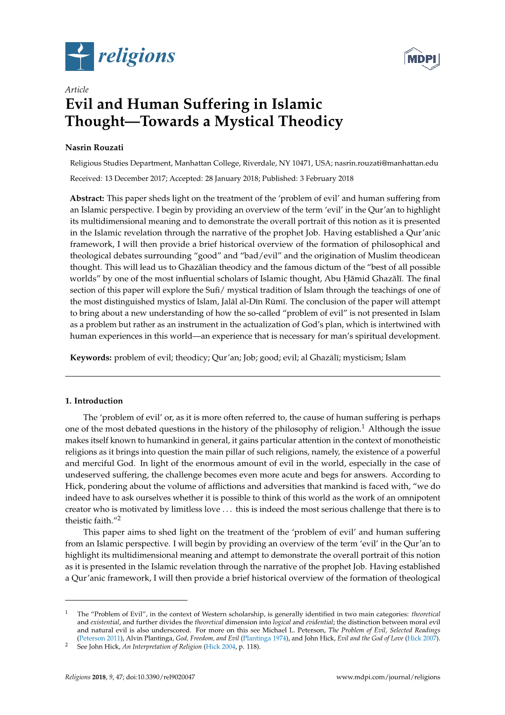 Evil and Human Suffering in Islamic Thought—Towards a Mystical Theodicy