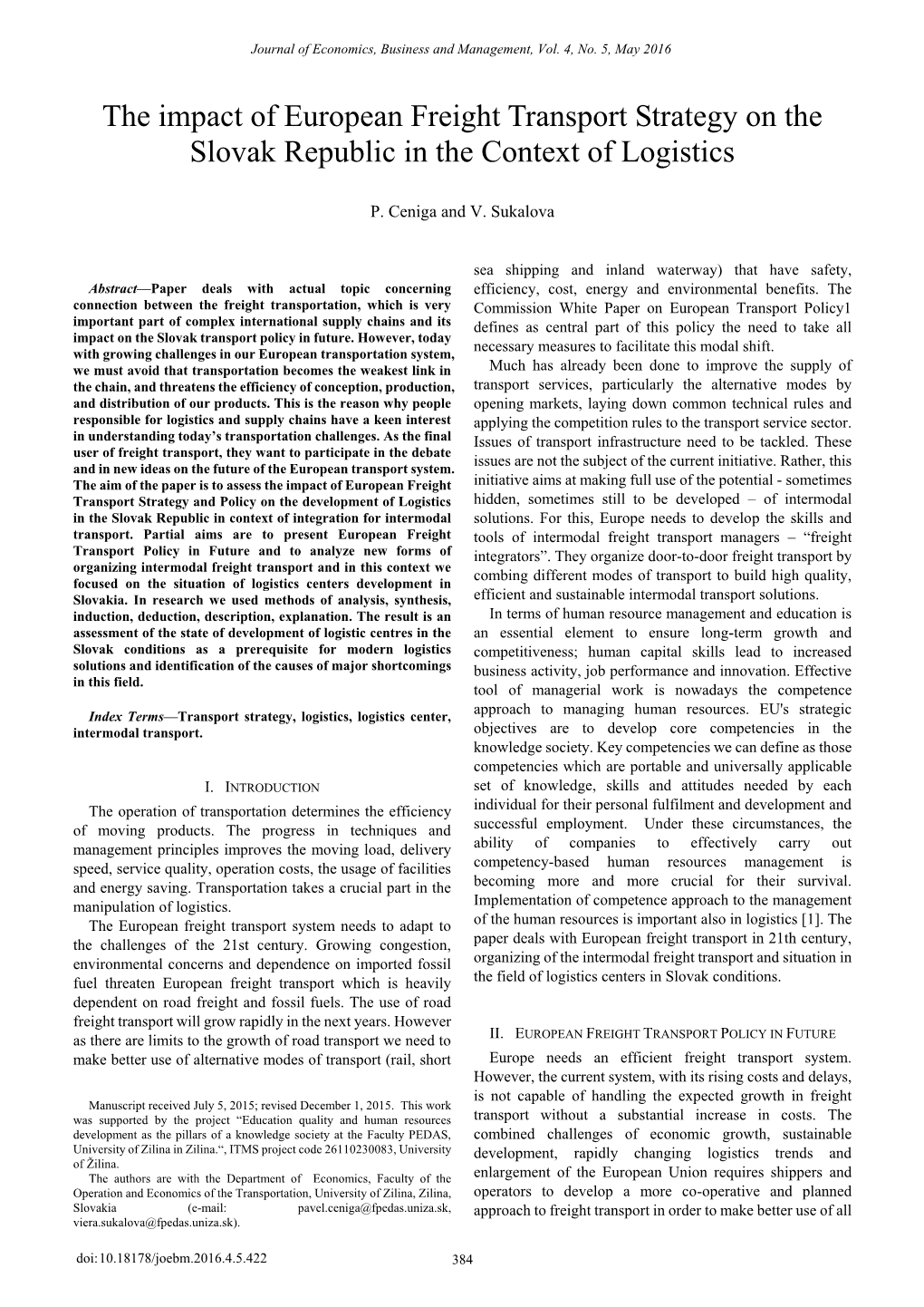 The Impact of European Freight Transport Strategy on the Slovak Republic in the Context of Logistics