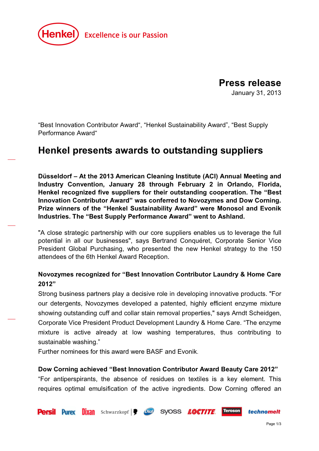 Press Release Henkel Presents Awards to Outstanding Suppliers