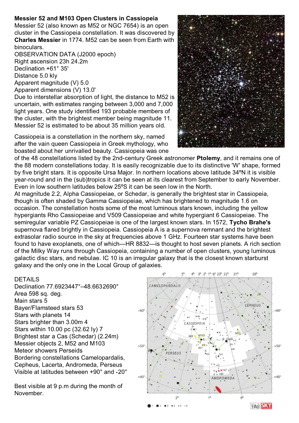 (Also Known As M52 Or NGC 7654) Is an Open Cluster in the Cassiopeia Constellation