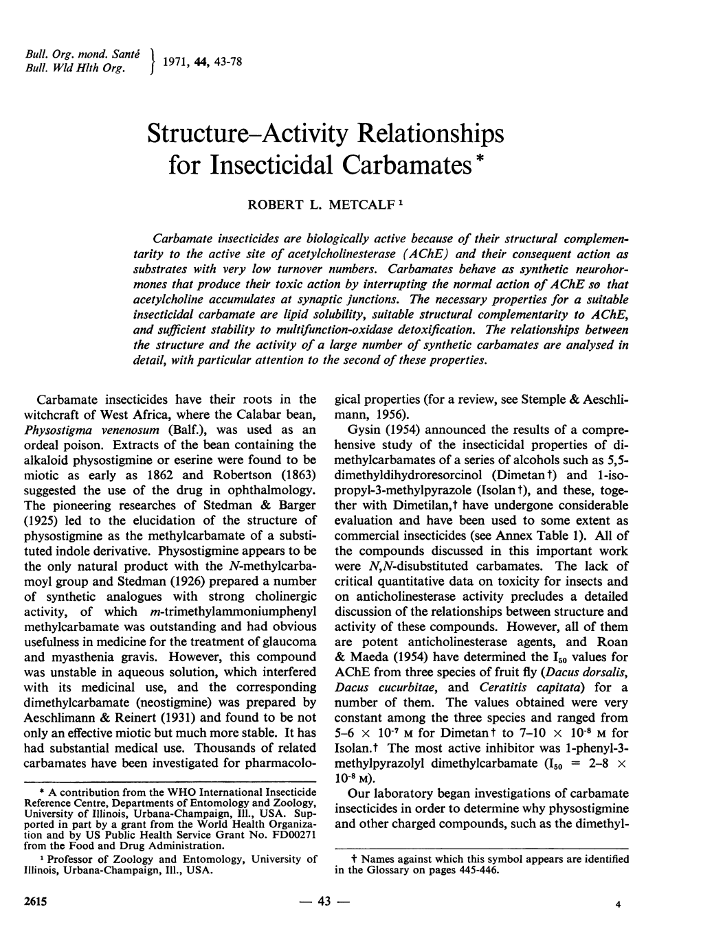 Structure-Activity Relationships for Insecticidal Carbamates*