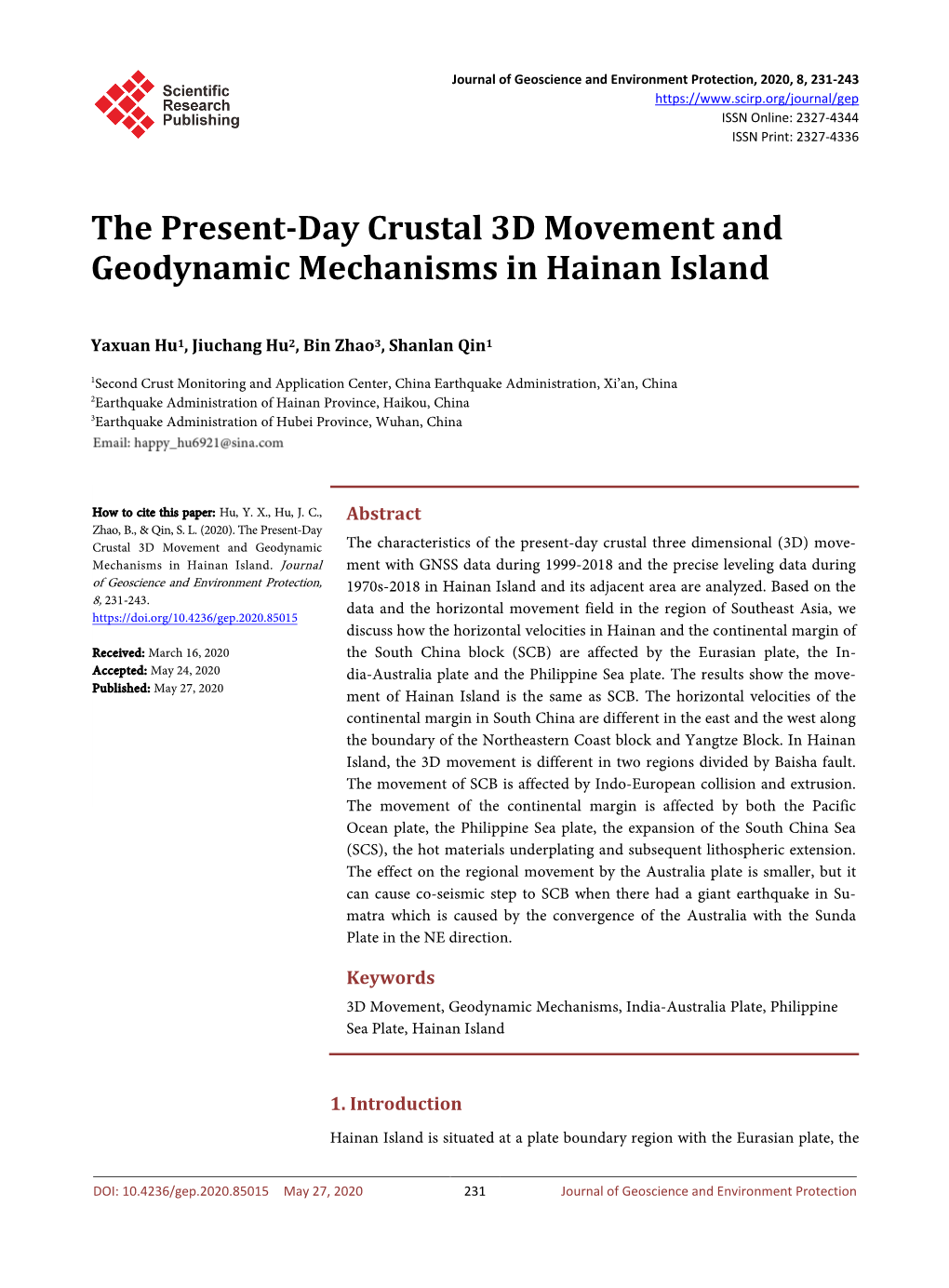 The Present-Day Crustal 3D Movement and Geodynamic Mechanisms in Hainan Island