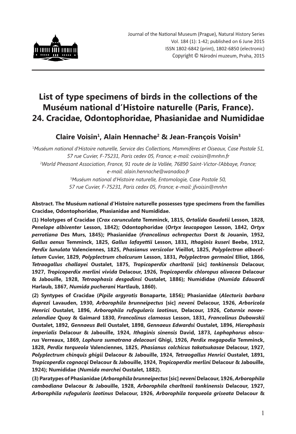 List of Type Specimens of Birds in the Collections of the Muséum National D’Histoire Naturelle (Paris, France)