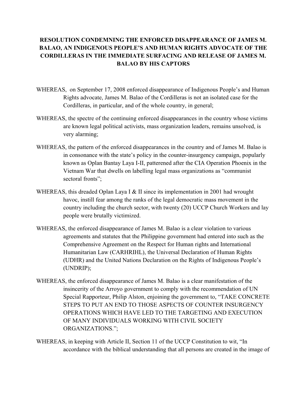 Resolution Condemning the Enforced Disappearance of James M