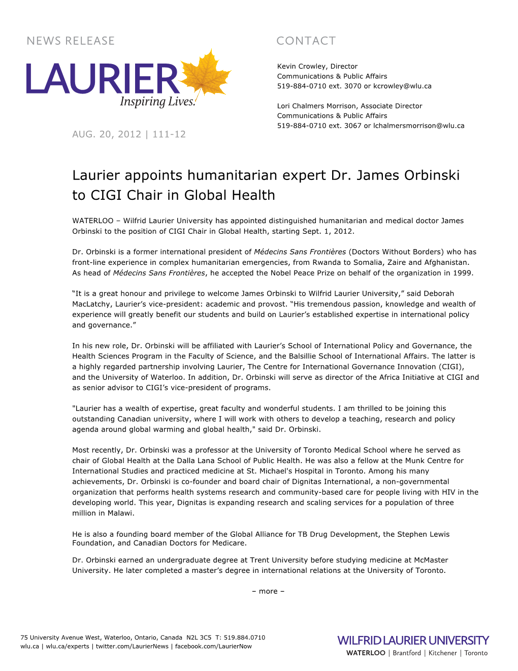 Laurier Appoints Humanitarian Expert Dr. James Orbinski to CIGI Chair in Global Health