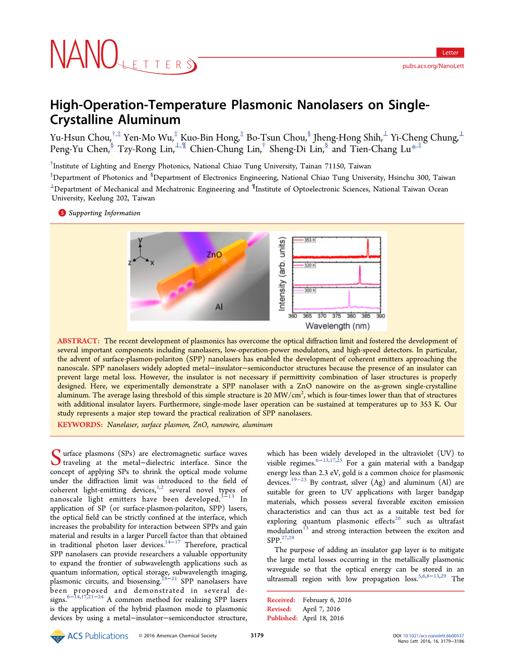 High-Operation-Temperature Plasmonic Nanolasers on Single