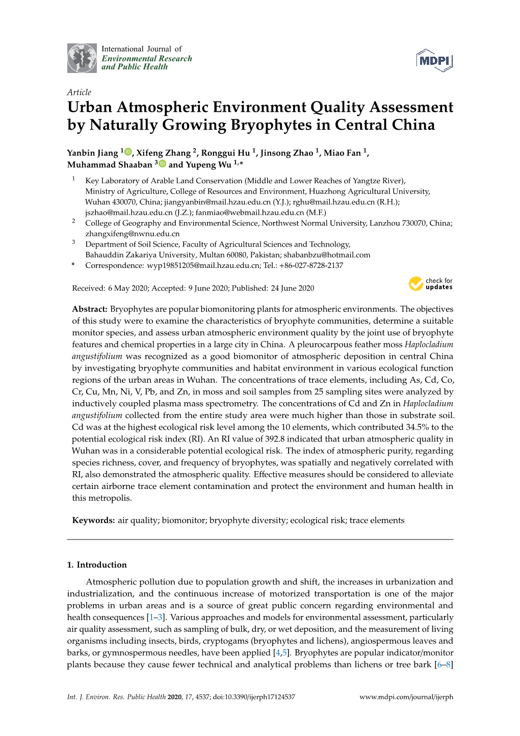 Urban Atmospheric Environment Quality Assessment by Naturally Growing Bryophytes in Central China