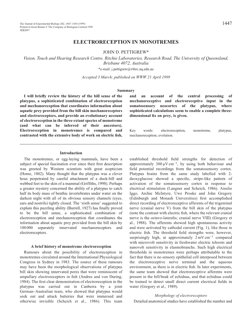 Electroreception in Monotremes