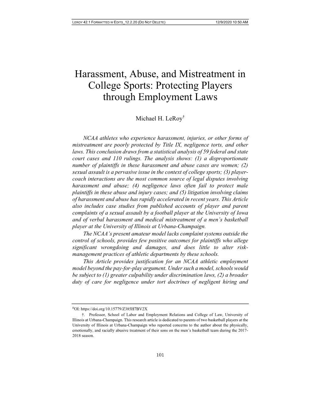 Harassment, Abuse, and Mistreatment in College Sports: Protecting Players Through Employment Laws