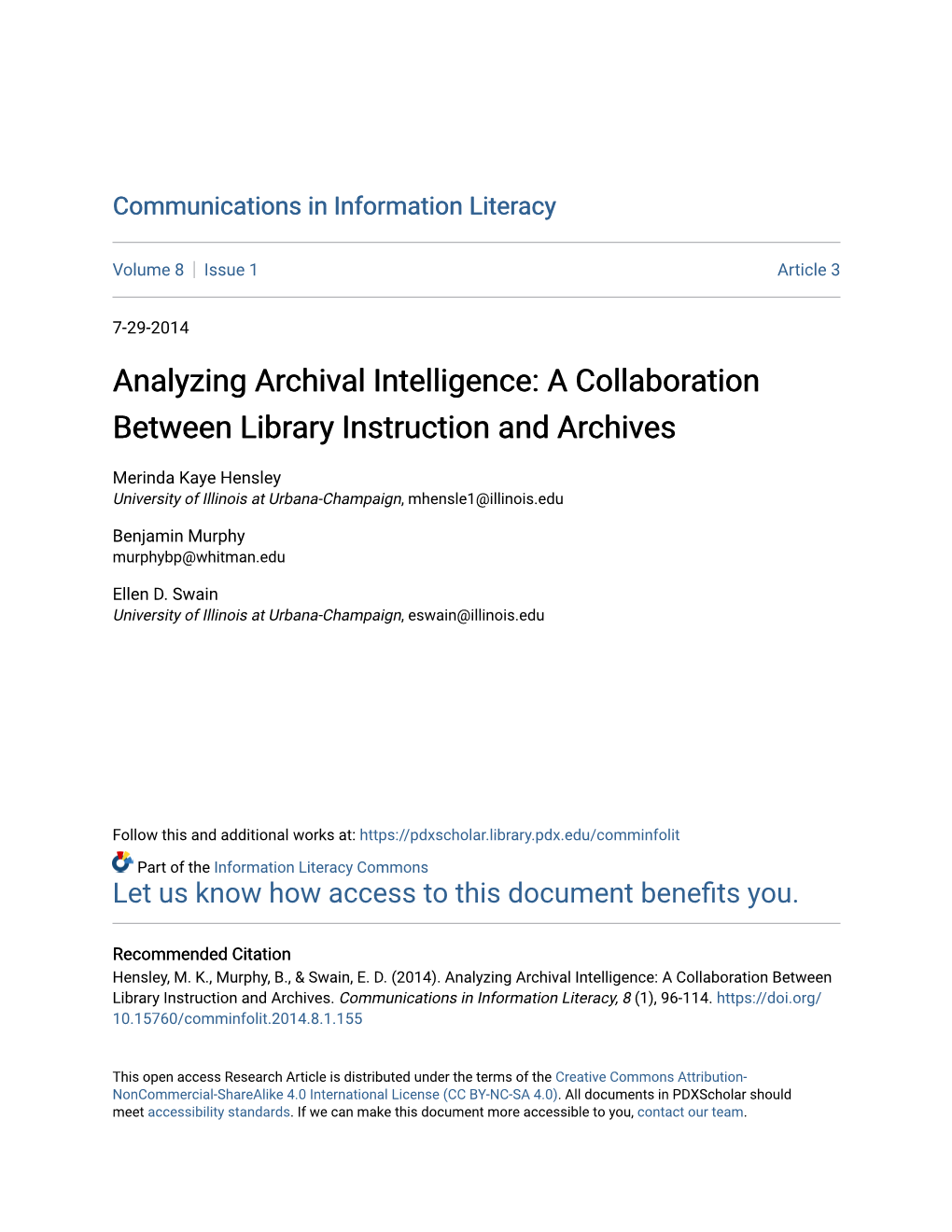 Analyzing Archival Intelligence: a Collaboration Between Library Instruction and Archives