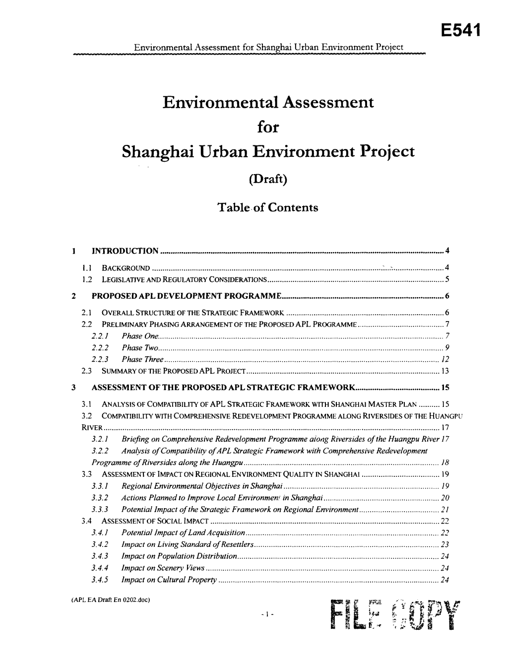 Environmental Assessment for Shanghai Urban Environment Project