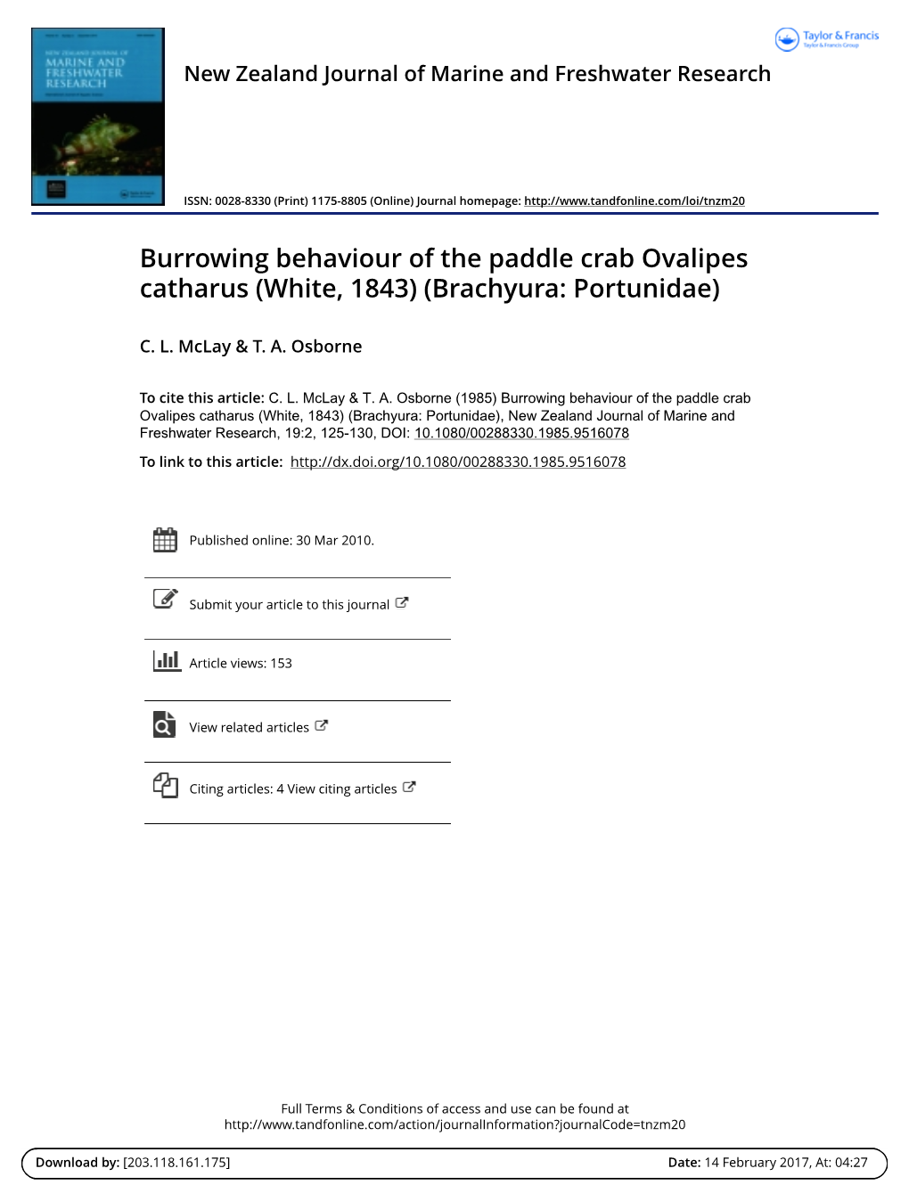 Burrowing Behaviour of the Paddle Crab Ovalipes Catharus (White, 1843) (Brachyura: Portunidae)