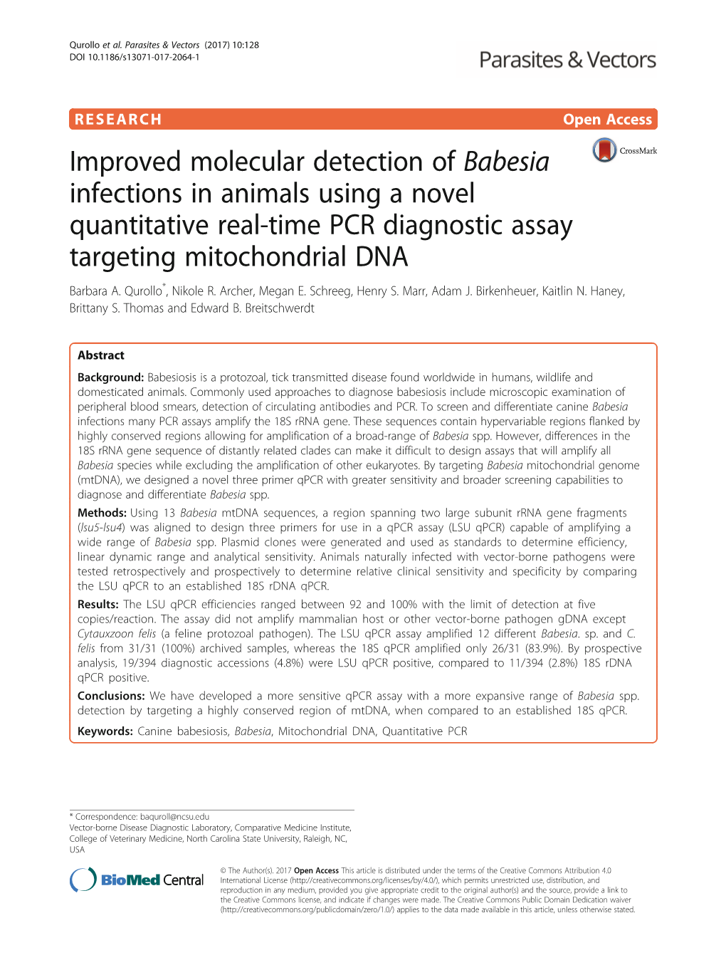 Improved Molecular Detection of Babesia Infections in Animals Using a Novel Quantitative Real-Time PCR Diagnostic Assay Targeting Mitochondrial DNA Barbara A