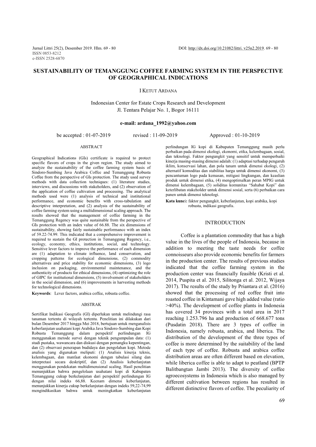 Sustainability of Temanggung Coffee Farming System in the Perspective of Geographical Indications