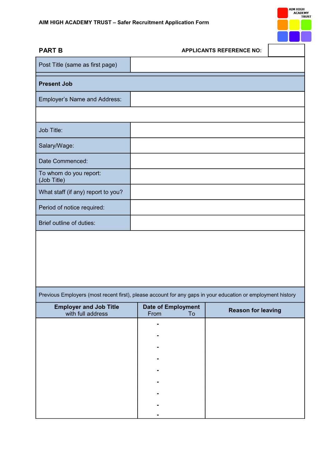 Application for a Support Staff Post in Schools s1