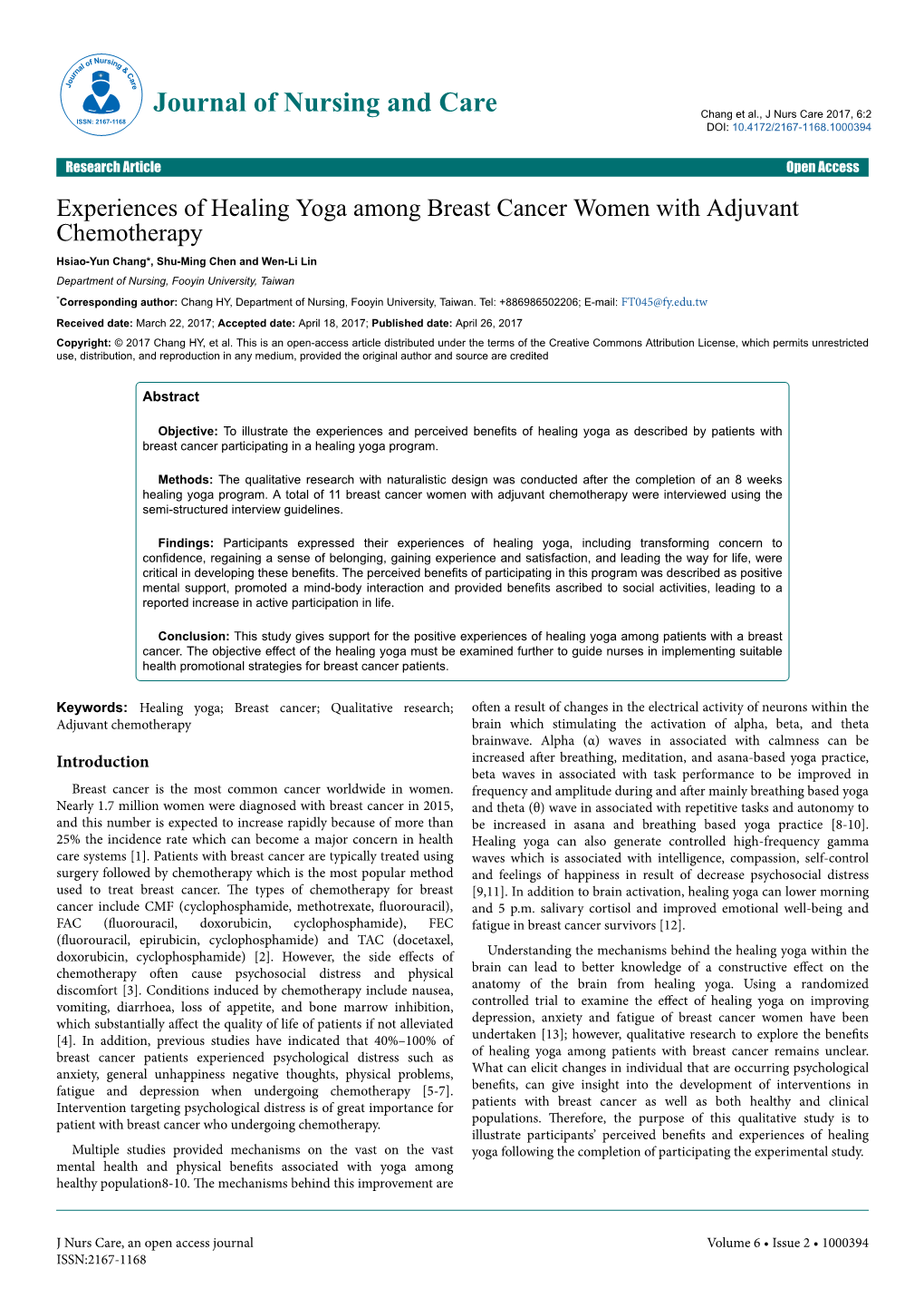 Experiences of Healing Yoga Among Breast Cancer Women With