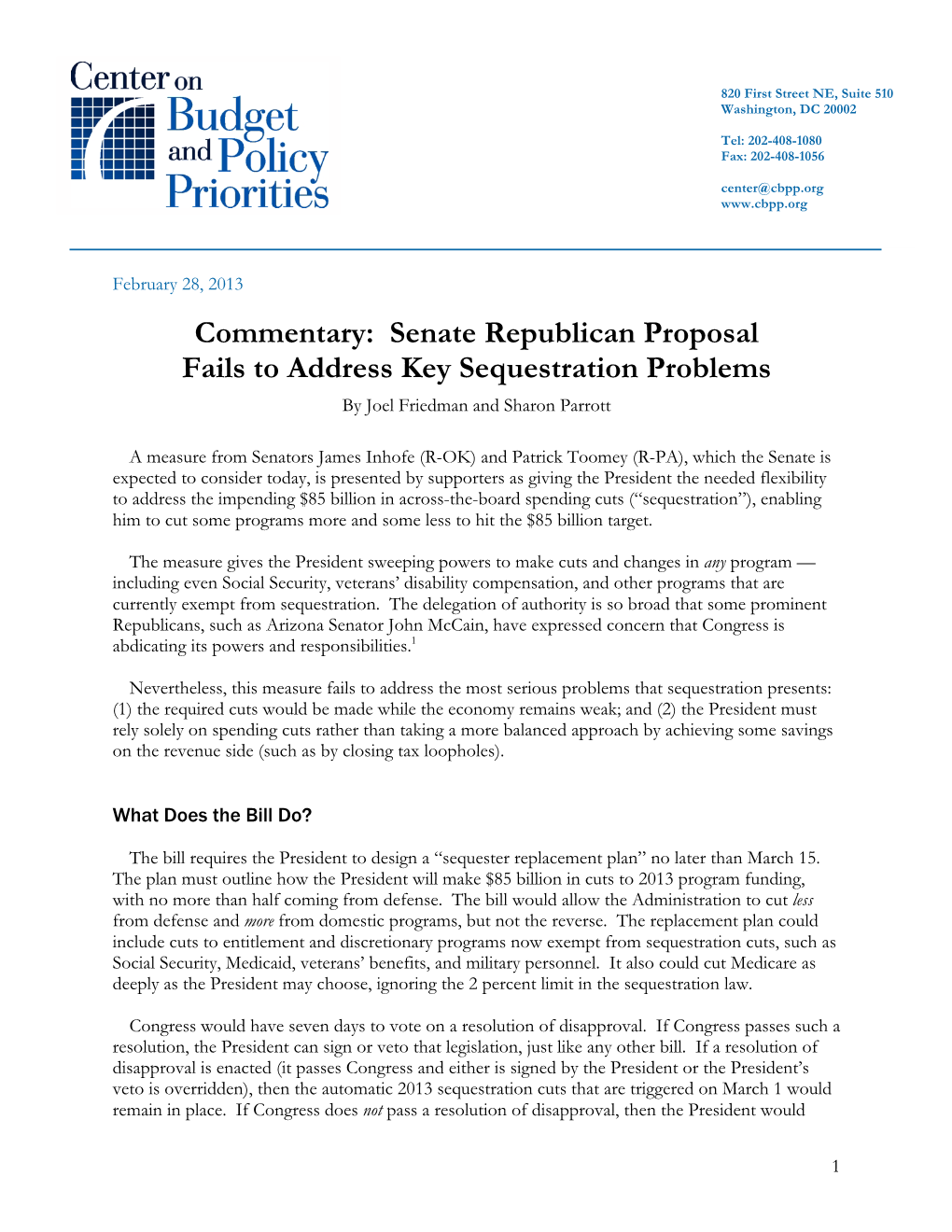 Senate Republican Proposal Fails to Address Key Sequestration Problems by Joel Friedman and Sharon Parrott