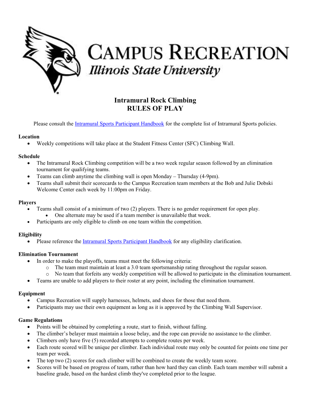 Intramural Rock Climbing RULES of PLAY