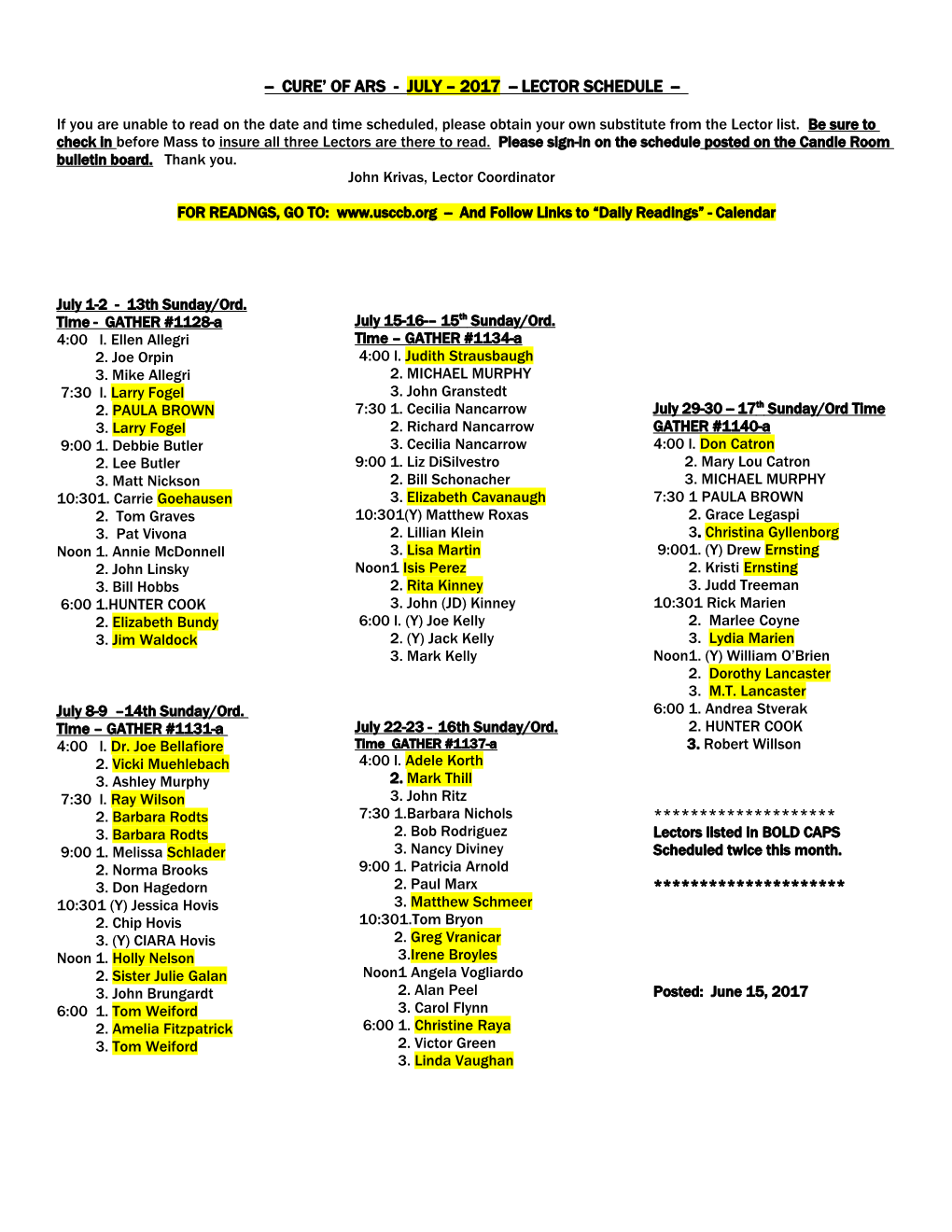 Cure of Ars - July 2017 Lector Schedule