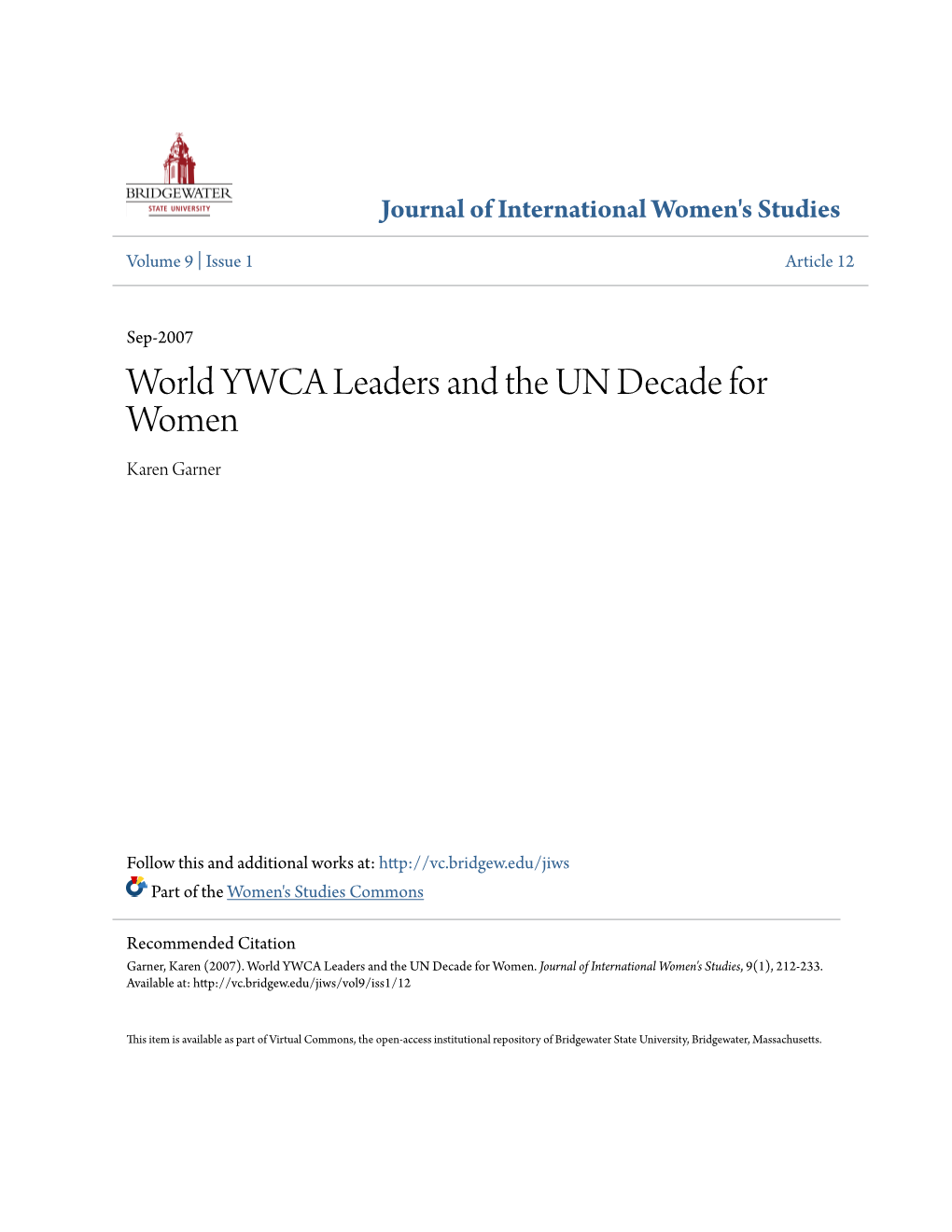 World YWCA Leaders and the UN Decade for Women Karen Garner