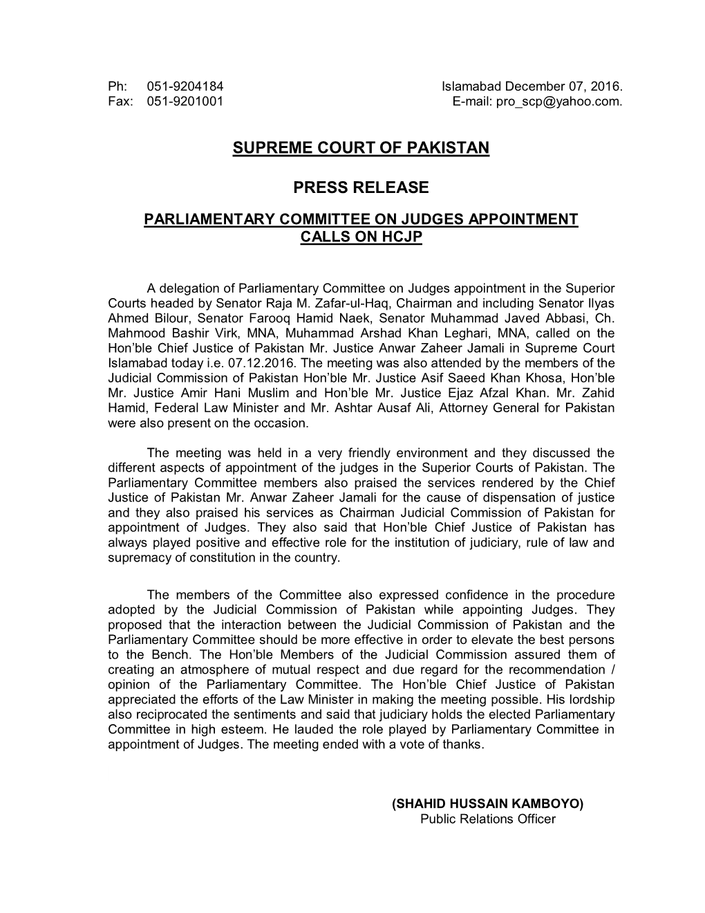 Supreme Court of Pakistan Press Release