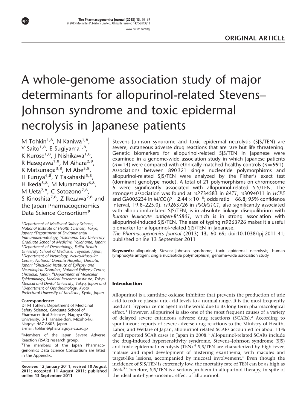 Johnson Syndrome and Toxic Epidermal Necrolysis in Japanese Patients