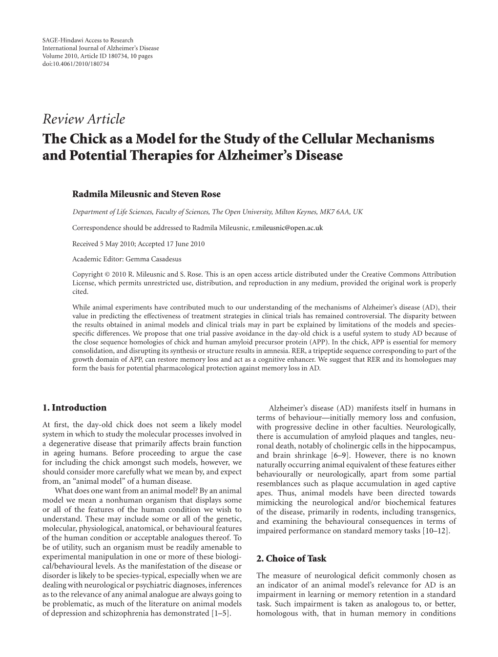 Review Article the Chick As a Model for the Study of the Cellular Mechanisms and Potential Therapies for Alzheimer’S Disease