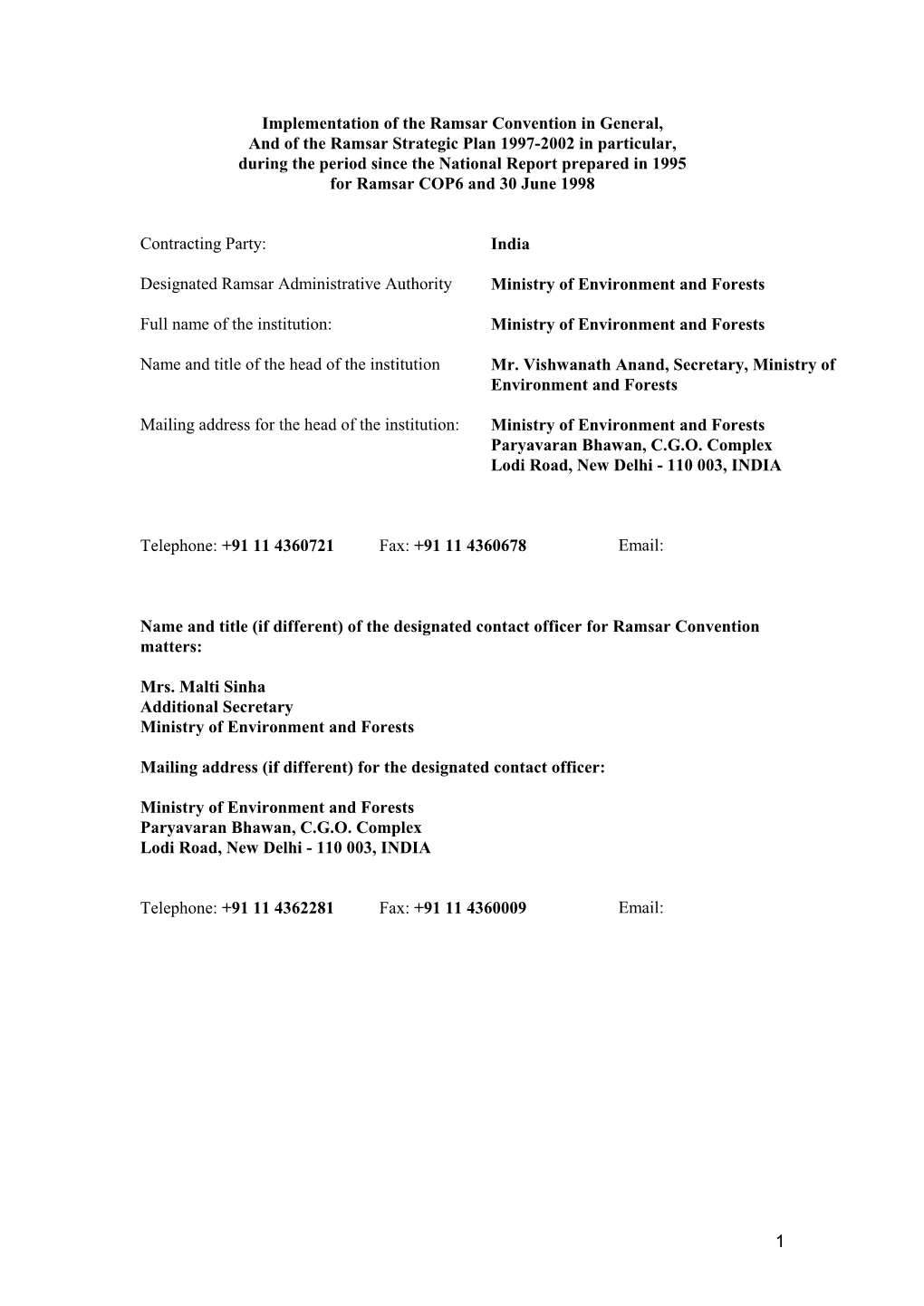 Ramsar Strategic Plan 1997-2002 in Particular, During the Period Since the National Report Prepared in 1995 for Ramsar COP6 and 30 June 1998