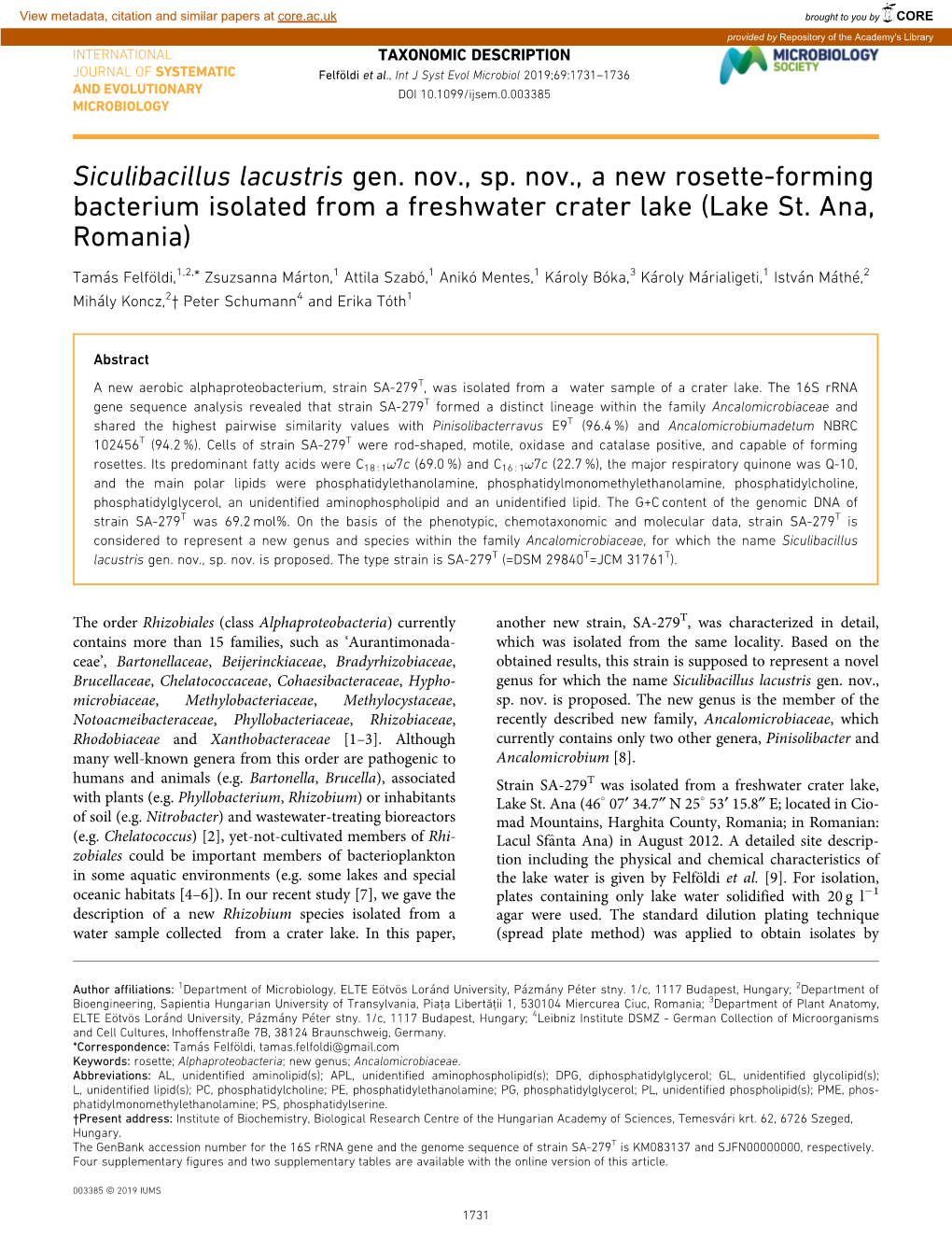 Siculibacillus Lacustris Gen. Nov., Sp. Nov., a New Rosette-Forming Bacterium Isolated from a Freshwater Crater Lake (Lake St