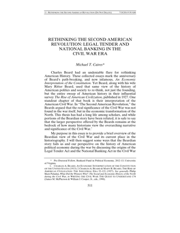 Rethinking the Second American Revolution: Legal Tender and National Banking in the Civil War Era