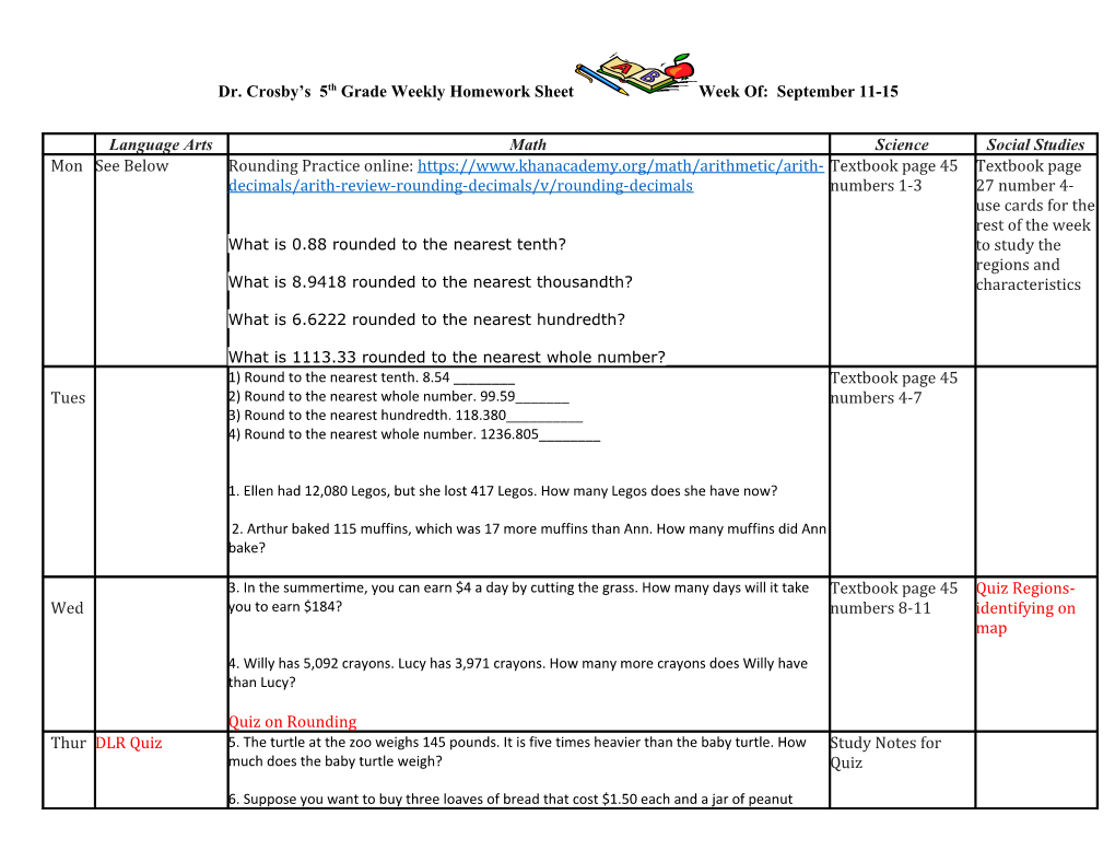 Dr. Crosby S 5Th Grade Weekly Homework Sheet Week Of: September 11-15