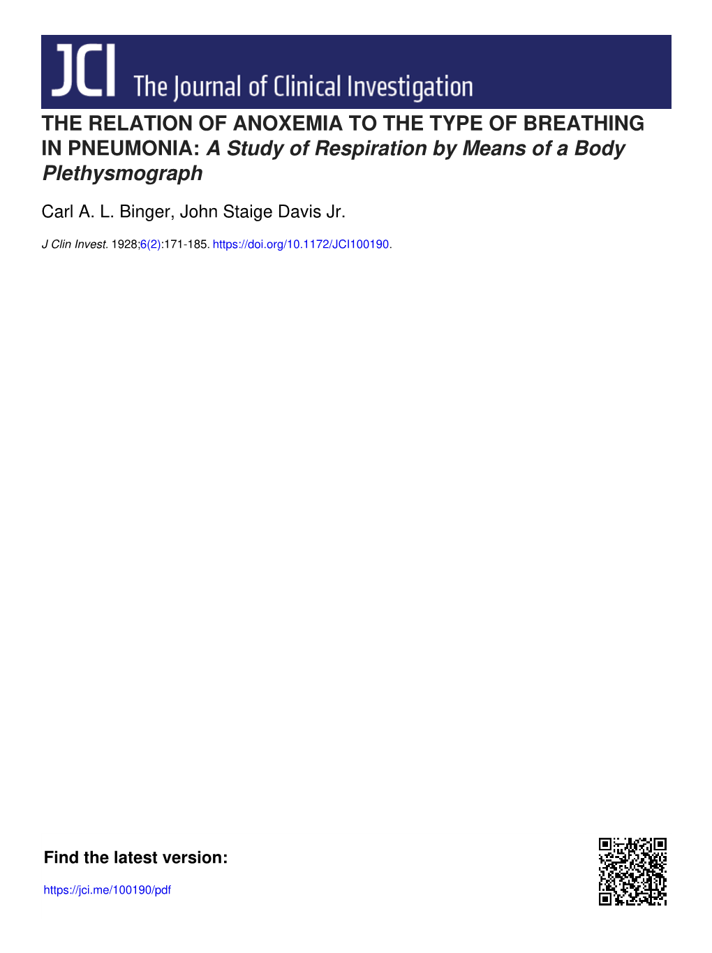 THE RELATION of ANOXEMIA to the TYPE of BREATHING in PNEUMONIA: a Study of Respiration by Means of a Body Plethysmograph