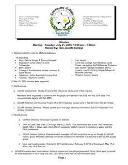 Page 1 Minutes Meeting: Tuesday, July 21, 2015, 10:00 Am