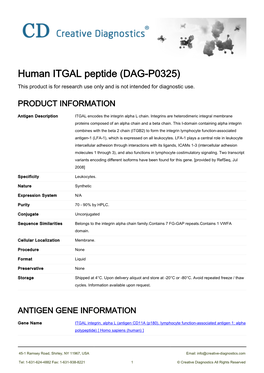 Human ITGAL Peptide (DAG-P0325) This Product Is for Research Use Only and Is Not Intended for Diagnostic Use