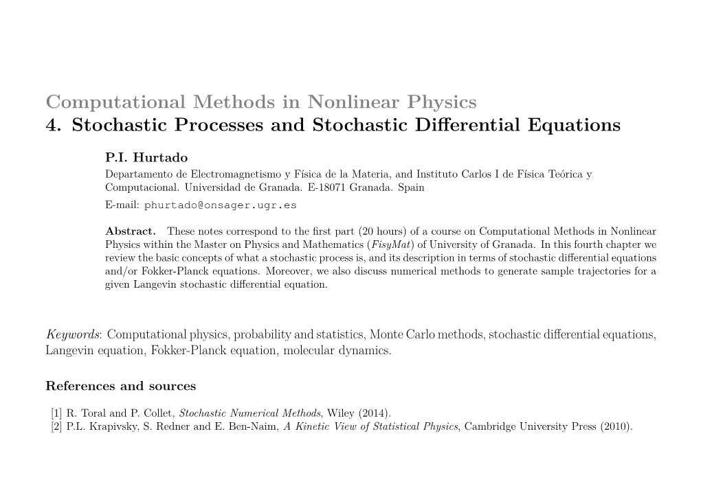 Computational Methods in Nonlinear Physics 4. Stochastic Processes and Stochastic Diﬀerential Equations