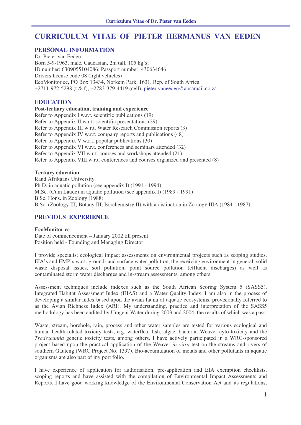 Curriculum Vitae of Pieter Hermanus Van Eeden