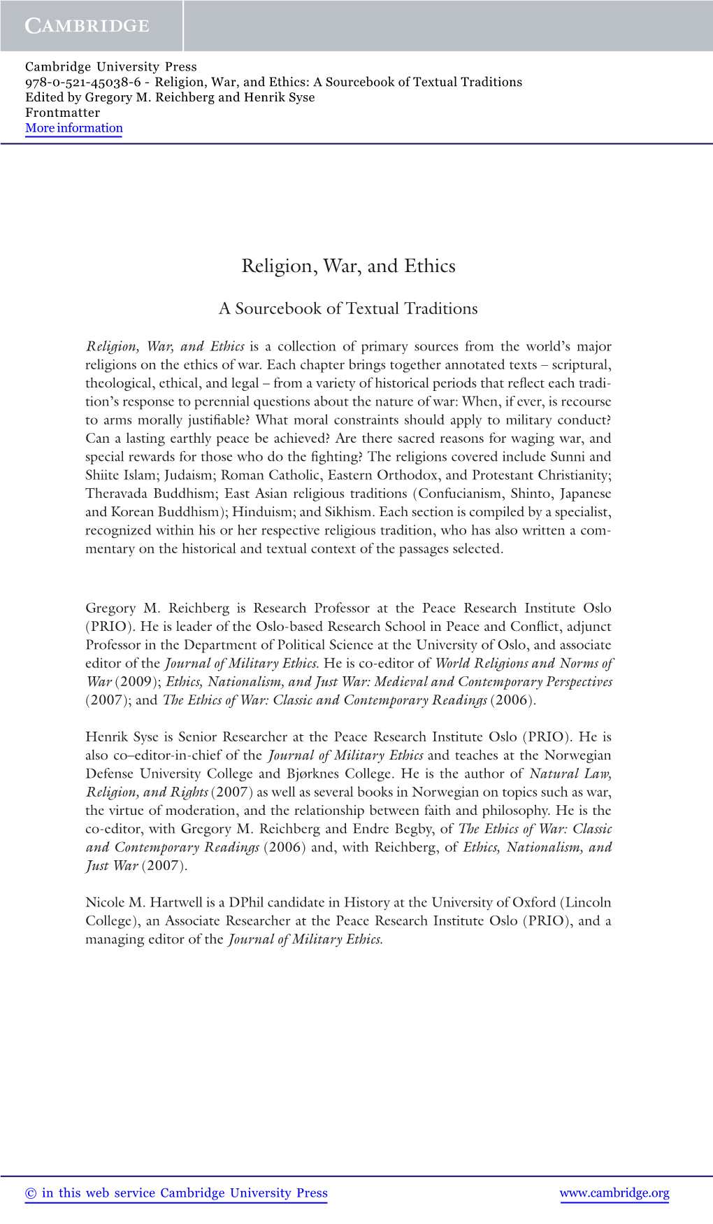 Religion, War, and Ethics: a Sourcebook of Textual Traditions Edited by Gregory M