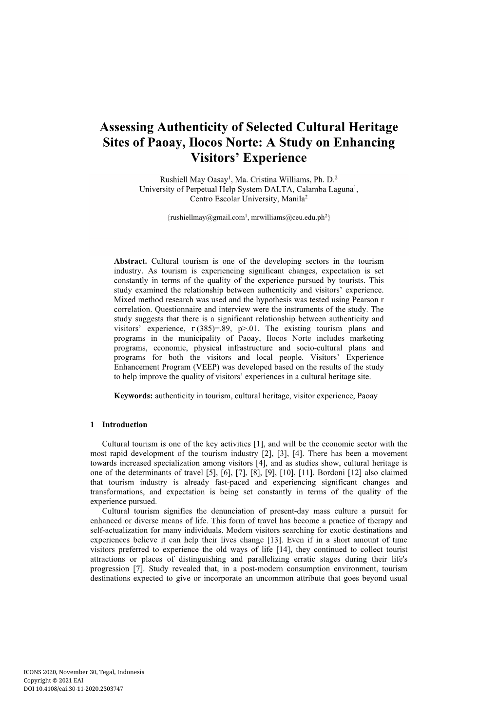 Assessing Authenticity of Selected Cultural Heritage Sites of Paoay, Ilocos Norte: a Study on Enhancing Visitors’ Experience