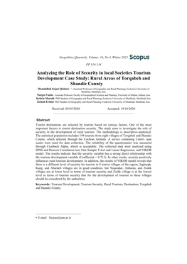 Analyzing the Role of Security in Local Societies Tourism Development Case Study: Rural Areas of Torqabeh and Shandiz County