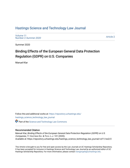 Binding Effects of the European General Data Protection Regulation (GDPR) on U.S