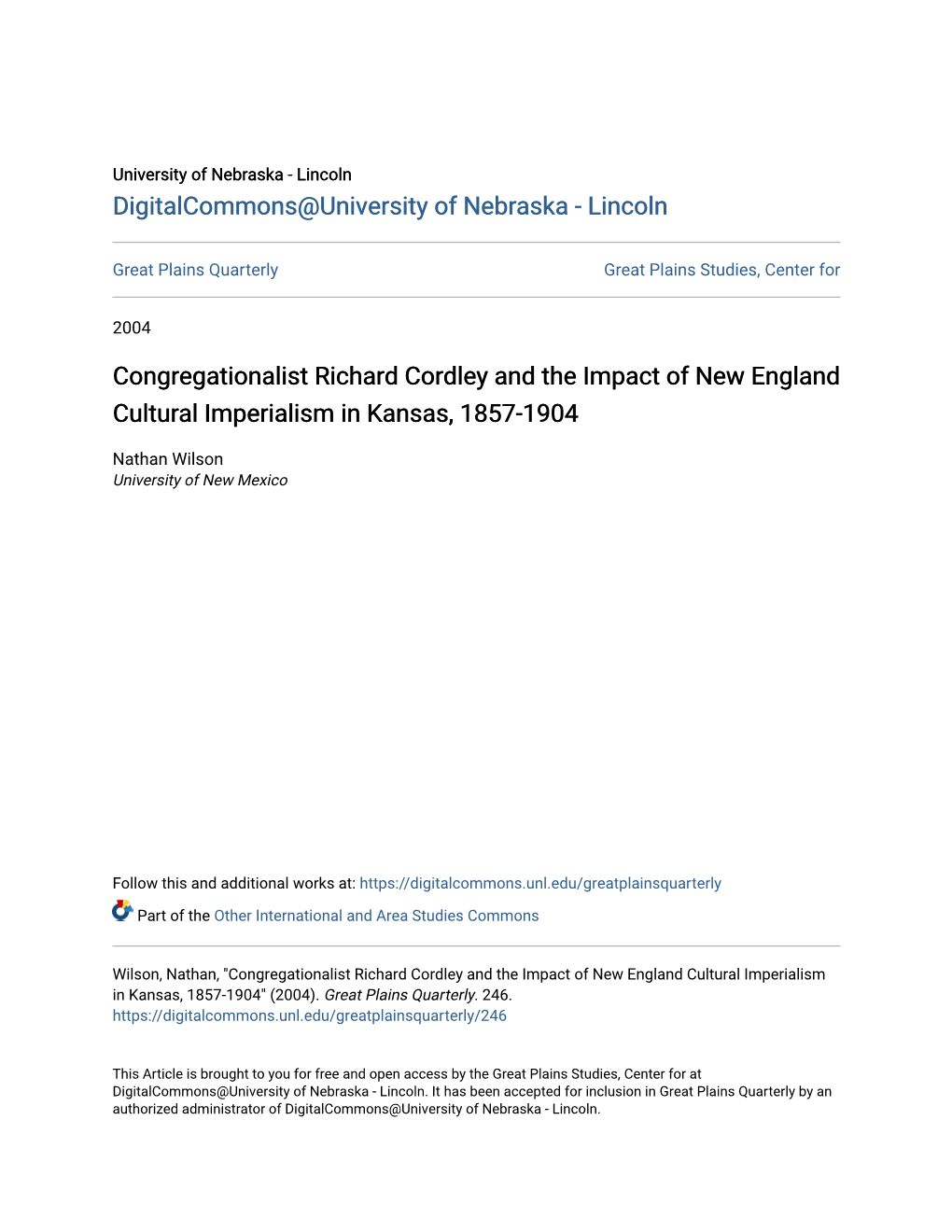 Congregationalist Richard Cordley and the Impact of New England Cultural Imperialism in Kansas, 1857-1904