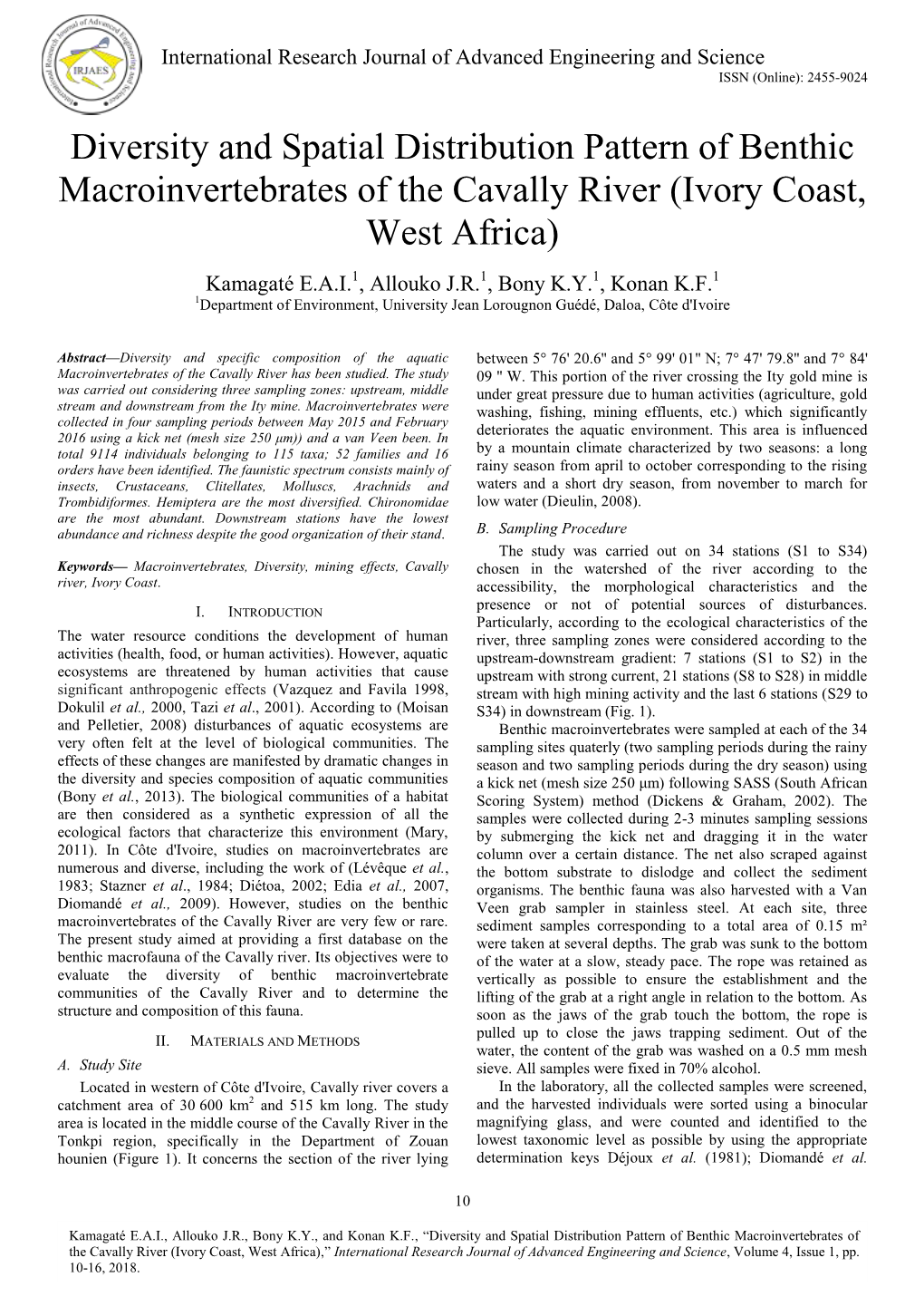 Diversity and Spatial Distribution Pattern of Benthic Macroinvertebrates of the Cavally River (Ivory Coast, West Africa)