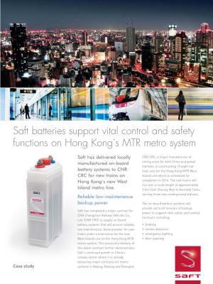 Saft Batteries Support Vital Control and Safety Functions on Hong Kong's MTR Metro System