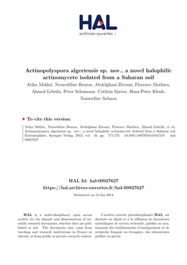Actinopolyspora Algeriensis Sp. Nov., a Novel Halophilic Actinomycete Isolated from a Saharan Soil
