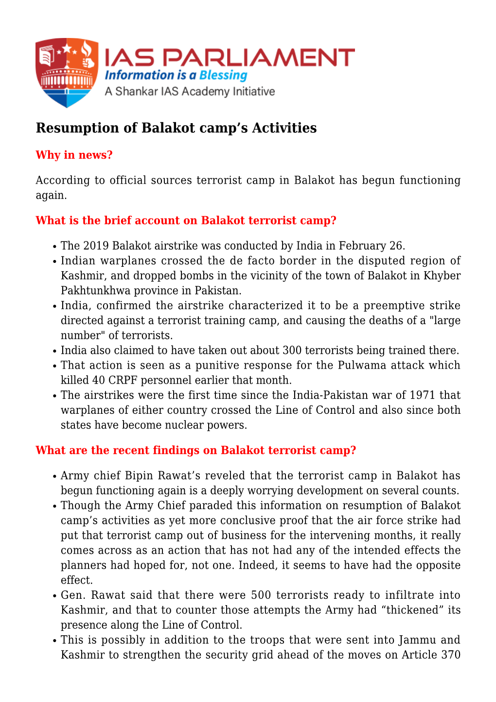Resumption of Balakot Camp's Activities
