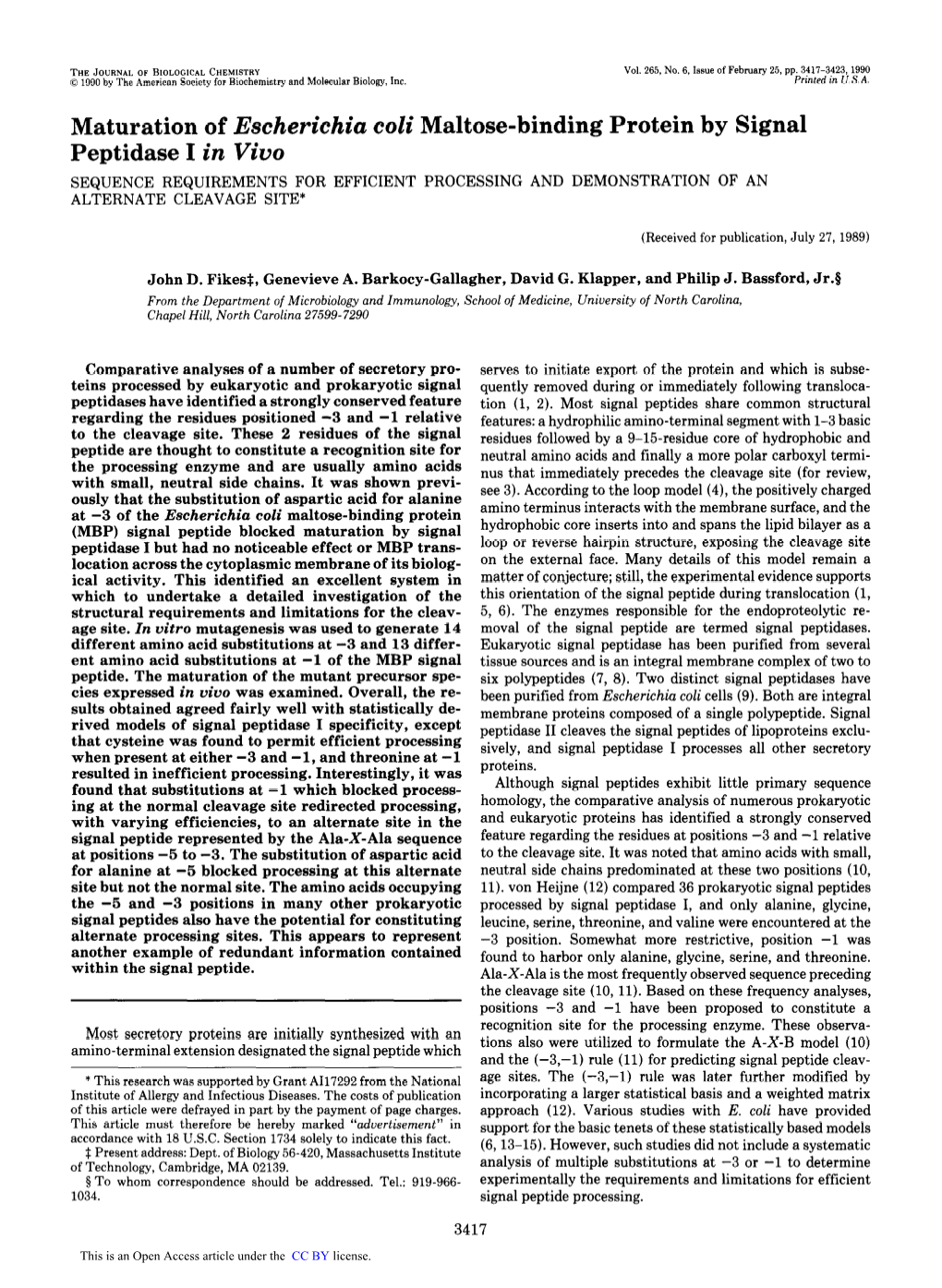 Maturation of Escherichia Coli Maltose-Binding Protein by Signal Peptidase I in Vivo. Sequence Requirements for Efficient Proces