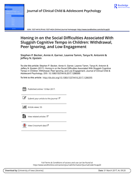 Honing in on the Social Difficulties Associated with Sluggish Cognitive Tempo in Children: Withdrawal, Peer Ignoring, and Low Engagement